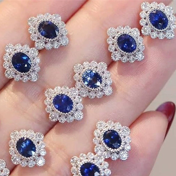 Vintage Flowershaped Copper Earrings With Diamond Sapphire Blue Zircon For Women