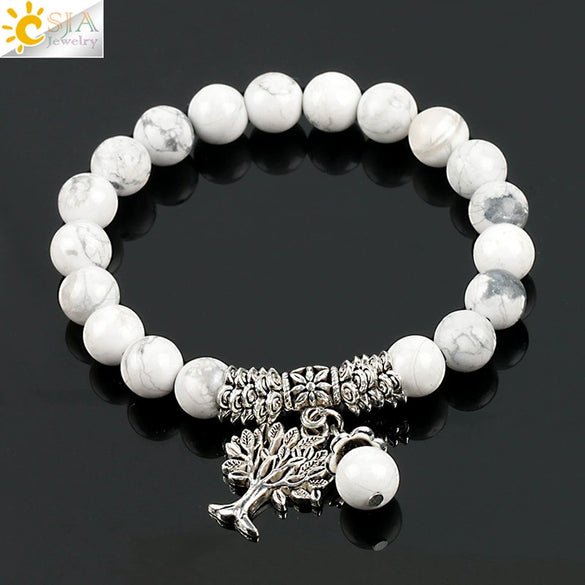 Vintage Frosted Synthetic White Turquoise Bead Bracelet With Tree Of Life Charm Electroplated Alloy Women's Jewelry