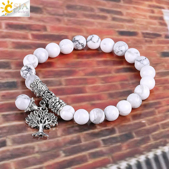 Vintage Frosted Synthetic White Turquoise Bead Bracelet With Tree Of Life Charm Electroplated Alloy Women's Jewelry