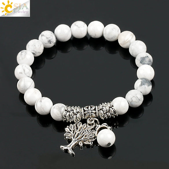 Vintage Frosted Synthetic White Turquoise Bead Bracelet With Tree Of Life Charm Electroplated Alloy Women's Jewelry