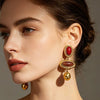 Vintage Geometric Alloy Drop Earrings With Goldtone Finish Red And Brown Pendants Stainless Steel Posts And Electroplated Craftsmanship