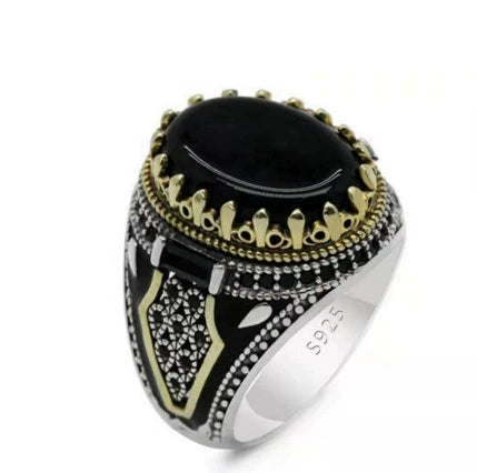 Vintage Geometric Black Agate Ring Two Tone Electroplated Copper Jewelry For Men And Women Wholesale