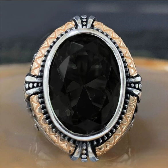 Vintage Geometric Black Agate Ring Two Tone Electroplated Copper Jewelry For Men And Women Wholesale