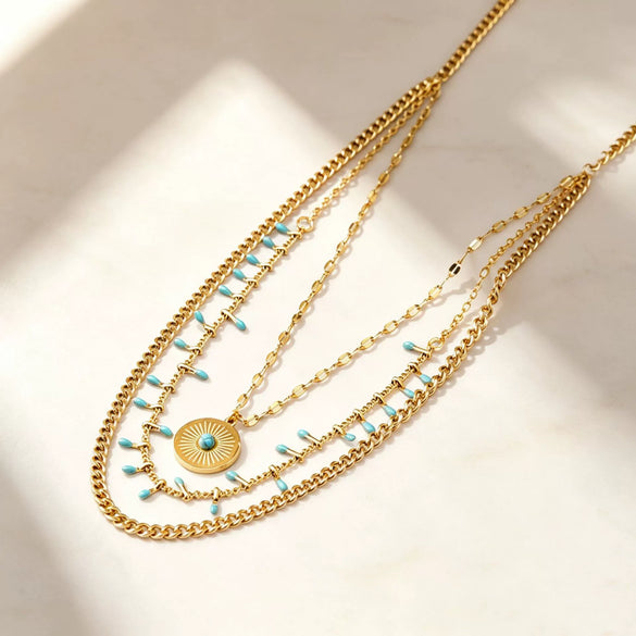 Vintage Geometric Blue Synthetic Turquoise Round Pendant Multilayer Titanium Steel Necklace For Women With Vacuum Electroplated Finish