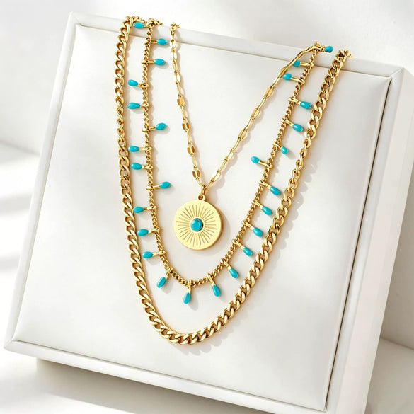 Vintage Geometric Blue Synthetic Turquoise Round Pendant Multilayer Titanium Steel Necklace For Women With Vacuum Electroplated Finish