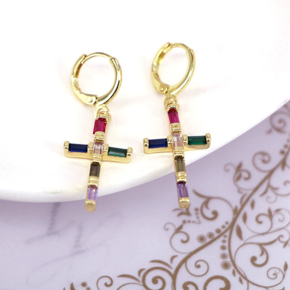 Vintage Geometric Cross Drop Earrings For Women Copper Gold Plated With Diamond Inlay Ear Buckle Style