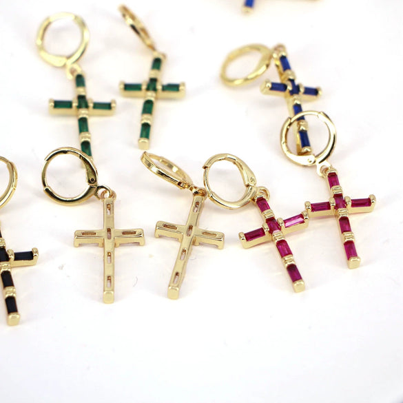 Vintage Geometric Cross Drop Earrings For Women Copper Gold Plated With Diamond Inlay Ear Buckle Style