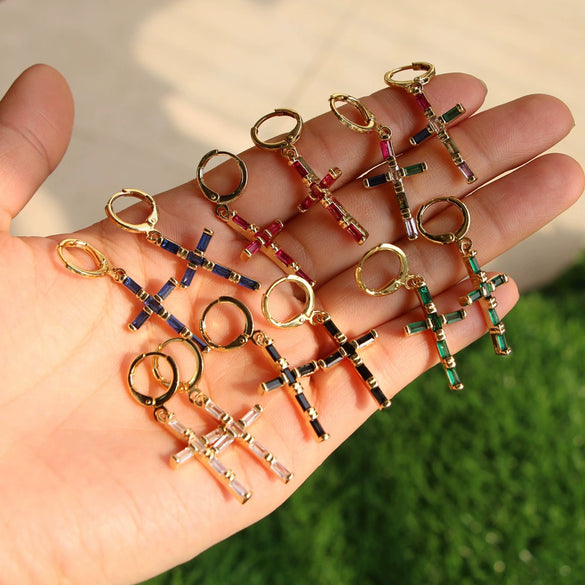 Vintage Geometric Cross Drop Earrings For Women Copper Gold Plated With Diamond Inlay Ear Buckle Style