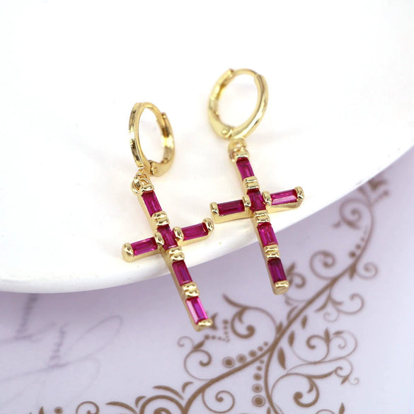 Vintage Geometric Cross Drop Earrings For Women Copper Gold Plated With Diamond Inlay Ear Buckle Style