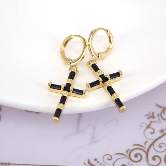 Vintage Geometric Cross Drop Earrings For Women Copper Gold Plated With Diamond Inlay Ear Buckle Style