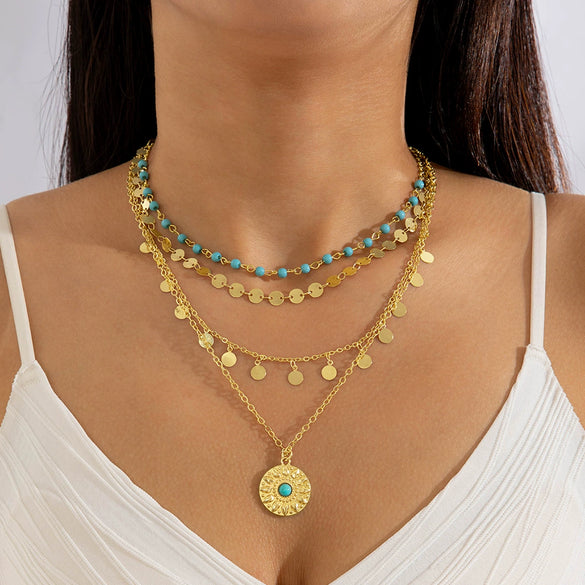 Vintage Geometric Drop Shape Alloy Disc Tassel Necklace With Rhinestone And Diamond Design