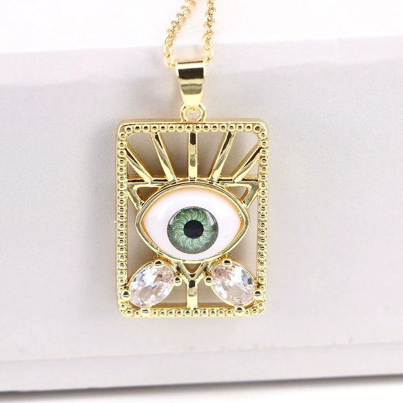 Vintage Geometric Evil Eye Pendant Necklace With Mixed Gem Inlay Copper Water Wave Chain Electroplated Unisex Fashion Jewelry