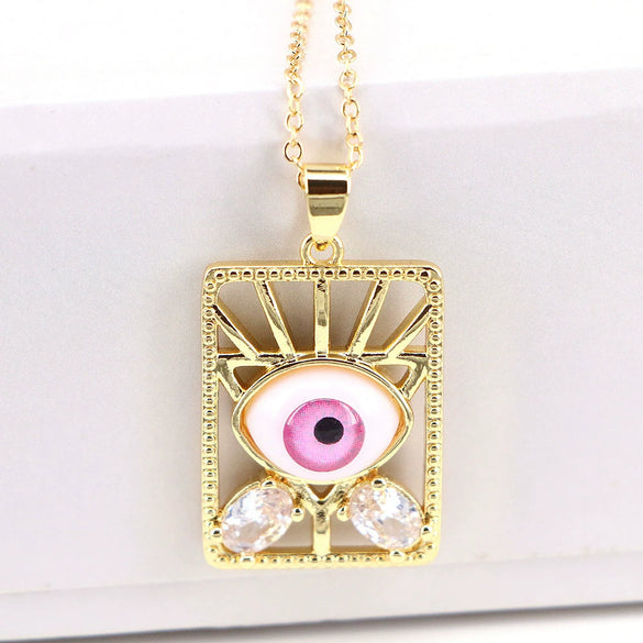 Vintage Geometric Evil Eye Pendant Necklace With Mixed Gem Inlay Copper Water Wave Chain Electroplated Unisex Fashion Jewelry