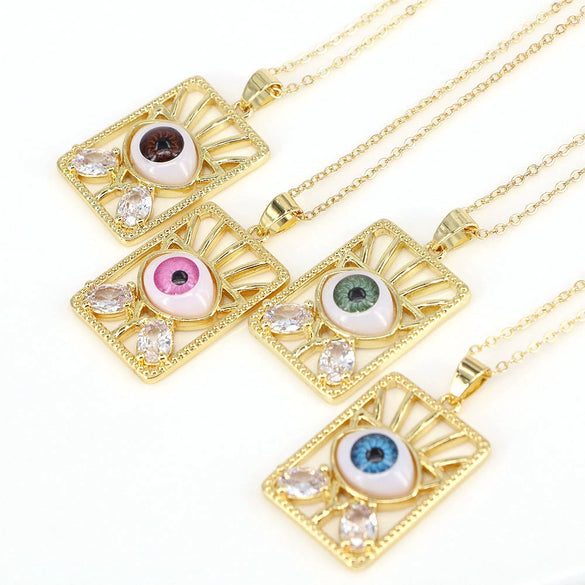 Vintage Geometric Evil Eye Pendant Necklace With Mixed Gem Inlay Copper Water Wave Chain Electroplated Unisex Fashion Jewelry