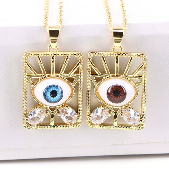 Vintage Geometric Evil Eye Pendant Necklace With Mixed Gem Inlay Copper Water Wave Chain Electroplated Unisex Fashion Jewelry
