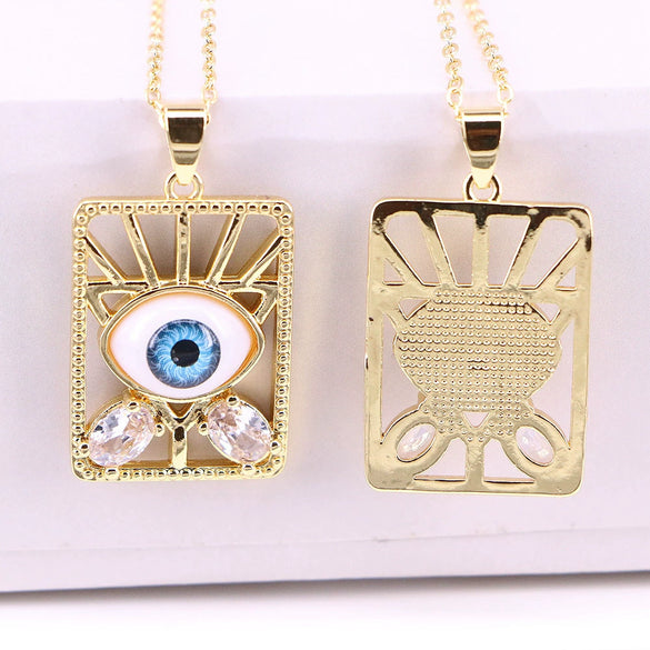 Vintage Geometric Evil Eye Pendant Necklace With Mixed Gem Inlay Copper Water Wave Chain Electroplated Unisex Fashion Jewelry