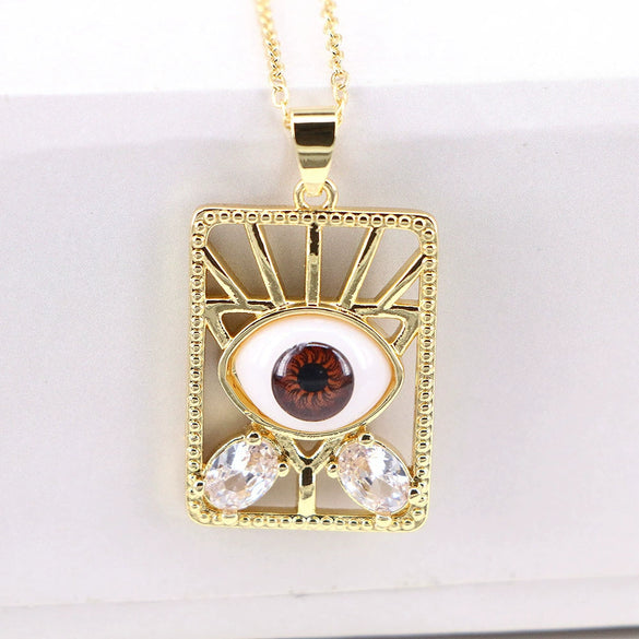 Vintage Geometric Evil Eye Pendant Necklace With Mixed Gem Inlay Copper Water Wave Chain Electroplated Unisex Fashion Jewelry