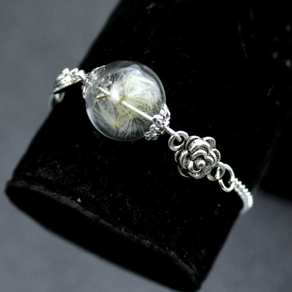 Vintage Geometric Glass And Glaze Rose Flower And Dandelion Seed Ing Ball Bracelet