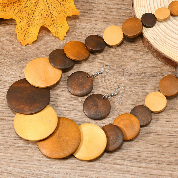 Vintage Geometric Handmade Leather And Wooden Beads Women's Pendant Necklace And Earrings Set