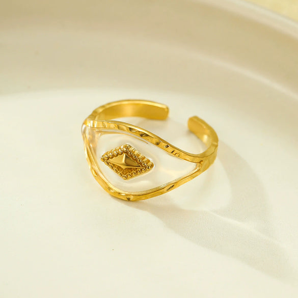 Vintage Geometric Heart Petals Natural Stone Stainless Steel Electroplated Adjustable Ring For Women