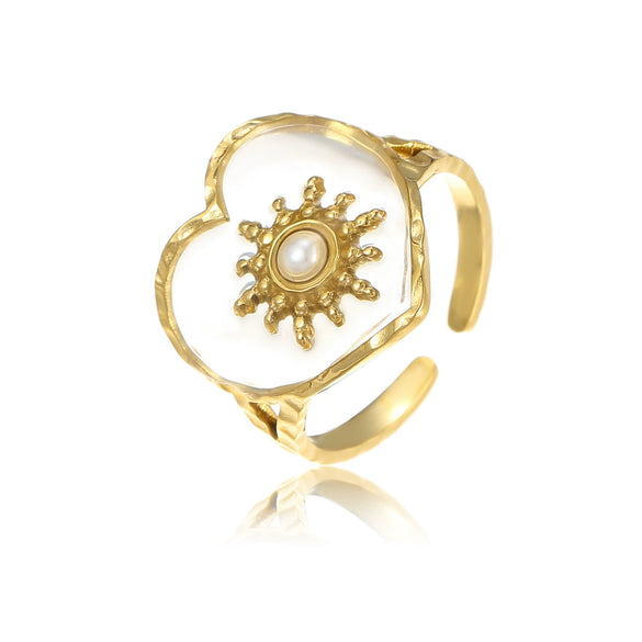 Vintage Geometric Heart Petals Natural Stone Stainless Steel Electroplated Adjustable Ring For Women