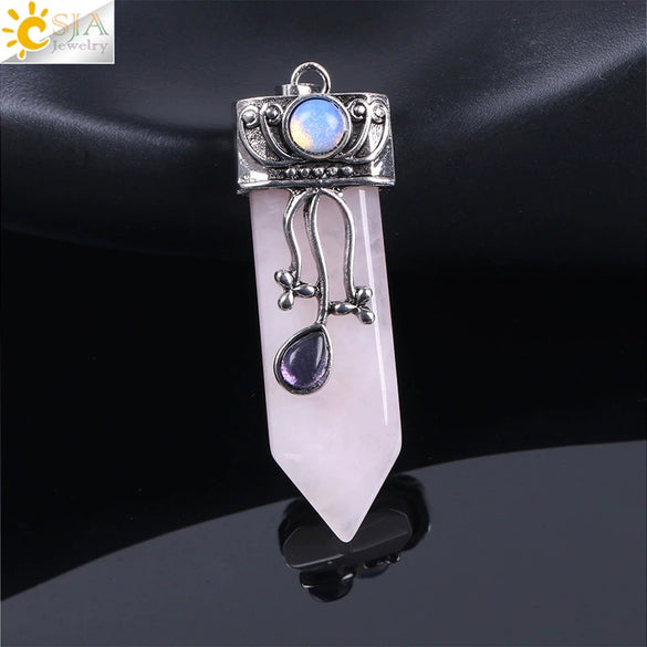 Vintage Geometric Natural Stone Sword Pendant Necklace With Electroplated Alloy Ball Chain Semi Precious Crystal Agate Tiger Eye Jewelry