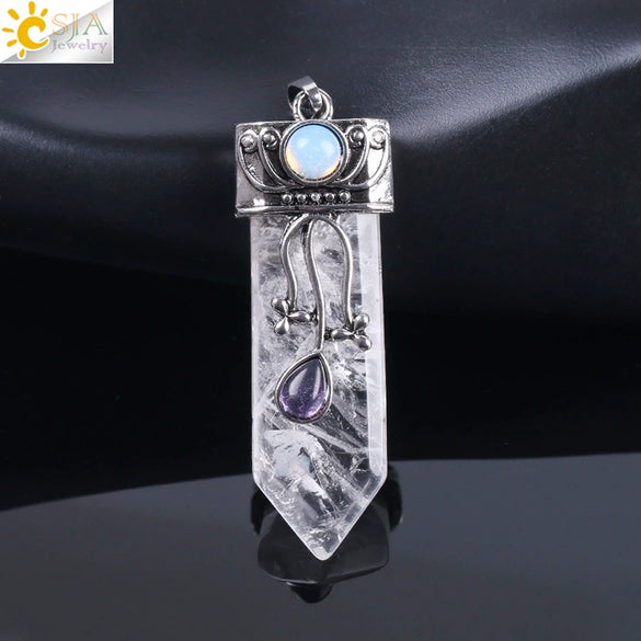 Vintage Geometric Natural Stone Sword Pendant Necklace With Electroplated Alloy Ball Chain Semi Precious Crystal Agate Tiger Eye Jewelry