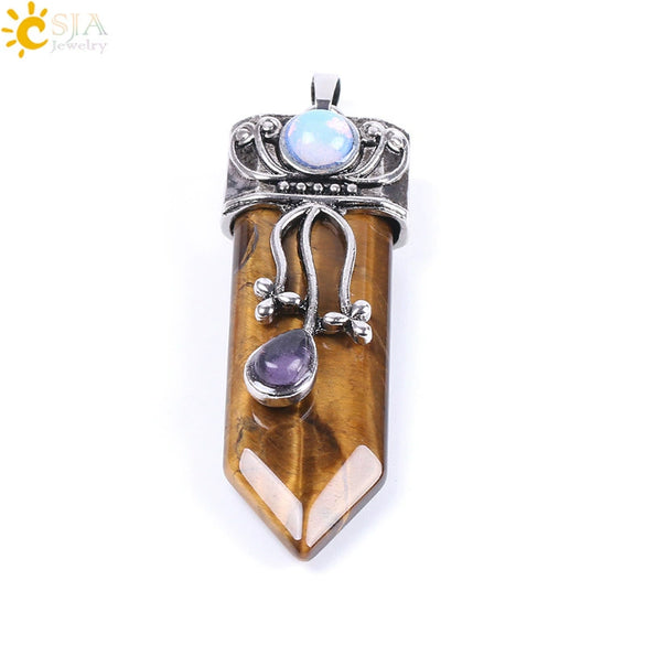 Vintage Geometric Natural Stone Sword Pendant Necklace With Electroplated Alloy Ball Chain Semi Precious Crystal Agate Tiger Eye Jewelry