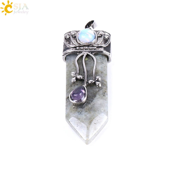 Vintage Geometric Natural Stone Sword Pendant Necklace With Electroplated Alloy Ball Chain Semi Precious Crystal Agate Tiger Eye Jewelry