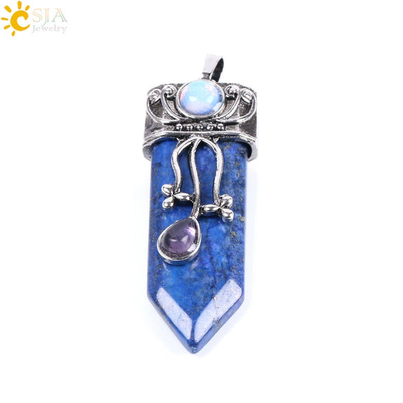 Vintage Geometric Natural Stone Sword Pendant Necklace With Electroplated Alloy Ball Chain Semi Precious Crystal Agate Tiger Eye Jewelry