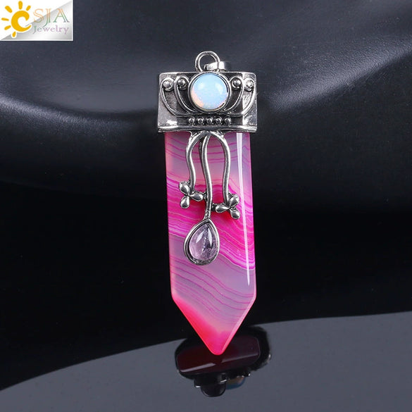 Vintage Geometric Natural Stone Sword Pendant Necklace With Electroplated Alloy Ball Chain Semi Precious Crystal Agate Tiger Eye Jewelry