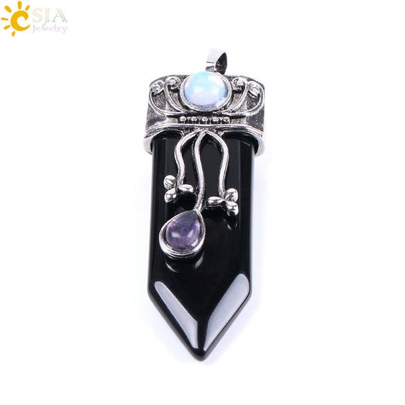 Vintage Geometric Natural Stone Sword Pendant Necklace With Electroplated Alloy Ball Chain Semi Precious Crystal Agate Tiger Eye Jewelry