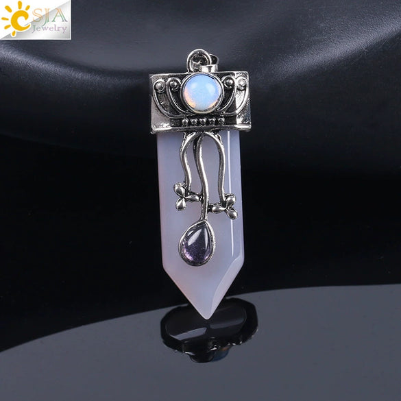 Vintage Geometric Natural Stone Sword Pendant Necklace With Electroplated Alloy Ball Chain Semi Precious Crystal Agate Tiger Eye Jewelry