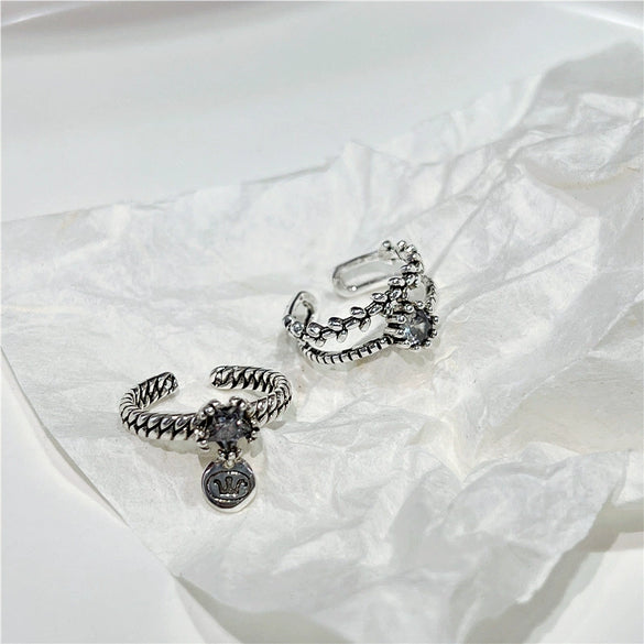 Vintage Geometric Open Ring For Women And Unisex Silver Plated Or Gold Plated Diamond Encrusted Retro Crafted Adjustable Finger Ring