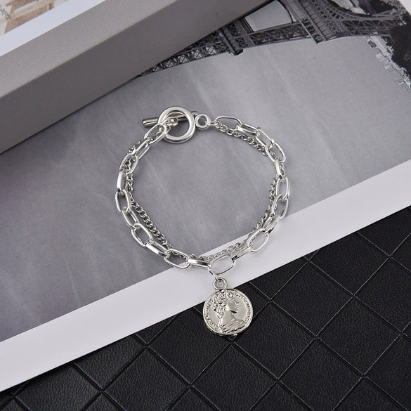 Vintage Geometric Portrait Chain Bracelet For Women And Men Alloy Electroplated Double Layer O Ring Buckle Bracelet