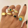 Vintage Geometric Round Turquoise Metal Ring Inlaid With Artificial Gemstones And Semiprecious Stones Gold Plated