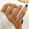 Vintage Geometric Round Turquoise Metal Ring Inlaid With Artificial Gemstones And Semiprecious Stones Gold Plated