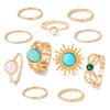 Vintage Geometric Round Turquoise Metal Ring Inlaid With Artificial Gemstones And Semiprecious Stones Gold Plated