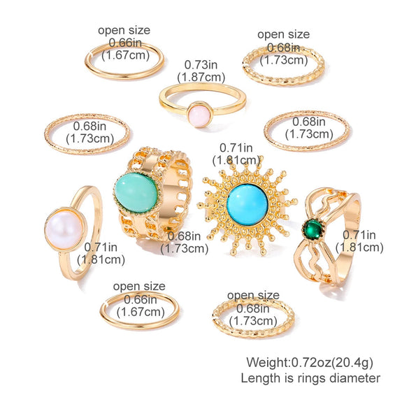 Vintage Geometric Round Turquoise Metal Ring Inlaid With Artificial Gemstones And Semiprecious Stones Gold Plated
