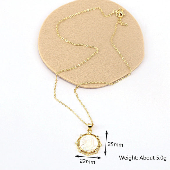Vintage Geometric Shell Pendant Necklace With Micro Inlaid Zircon And Mixed Gem Inlay Water Wave Chain Religious Jewelry