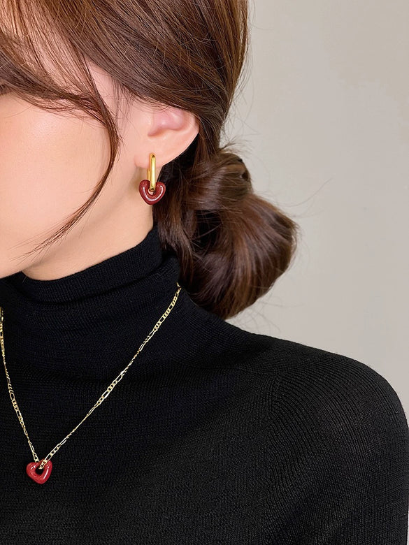 Vintage Gold Plated Copper Red Heart Geometric Dangle Hoop Earrings Fashion Punk Style For Women