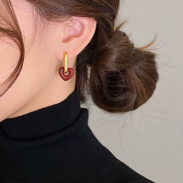 Vintage Gold Plated Copper Red Heart Geometric Dangle Hoop Earrings Fashion Punk Style For Women