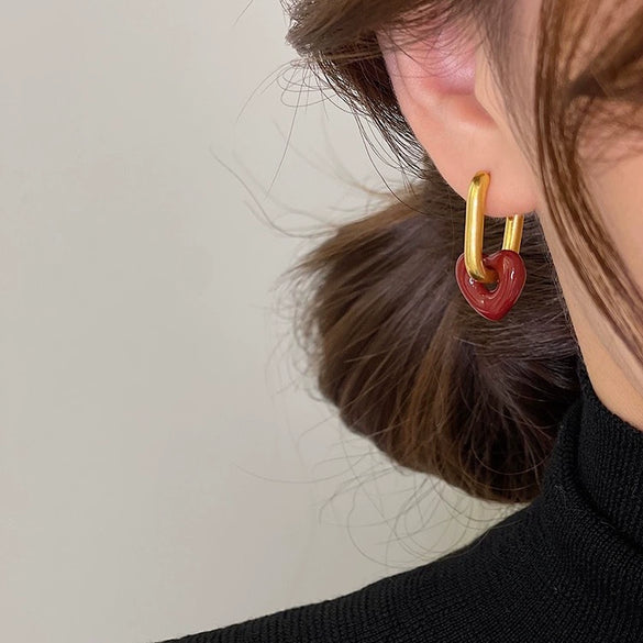 Vintage Gold Plated Copper Red Heart Geometric Dangle Hoop Earrings Fashion Punk Style For Women