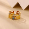 Vintage Gold Plated Enamel Devil's Eye Zircon Open Ring Adjustable Exaggerated Retro Unisex Statement Finger Jewelry