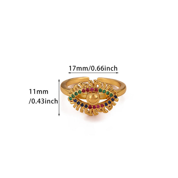 Vintage Gold Plated Enamel Devil's Eye Zircon Open Ring Adjustable Exaggerated Retro Unisex Statement Finger Jewelry