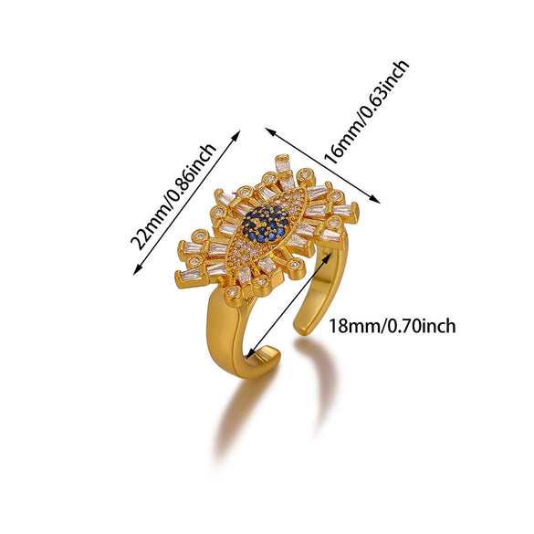 Vintage Gold Plated Enamel Devil's Eye Zircon Open Ring Adjustable Exaggerated Retro Unisex Statement Finger Jewelry