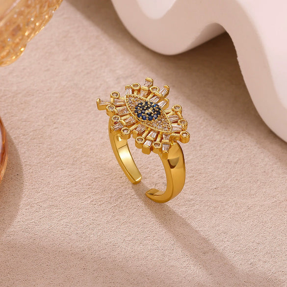 Vintage Gold Plated Enamel Devil's Eye Zircon Open Ring Adjustable Exaggerated Retro Unisex Statement Finger Jewelry
