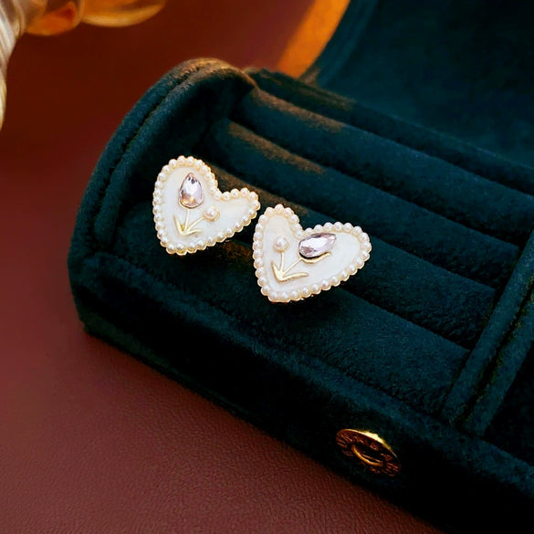 Vintage Gold Plated Silver Needle Earrings With Heart Flower Leaves Geometric Pattern And Dripping Oil Design For Women