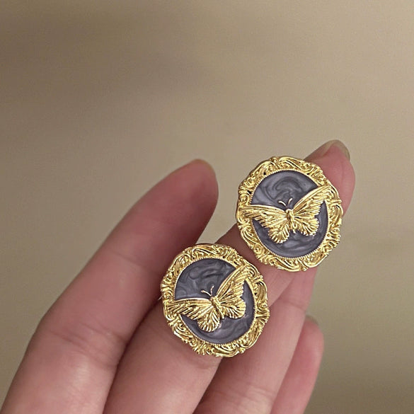 Vintage Gold Plated Silver Needle Earrings With Heart Flower Leaves Geometric Pattern And Dripping Oil Design For Women