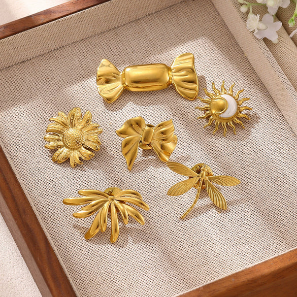Vintage Gold Plated Stainless Steel Brooch With Bow Sun Daisy Dragonfly And Palm Leaf Motifs Dualpurpose Women's Pin Accessory